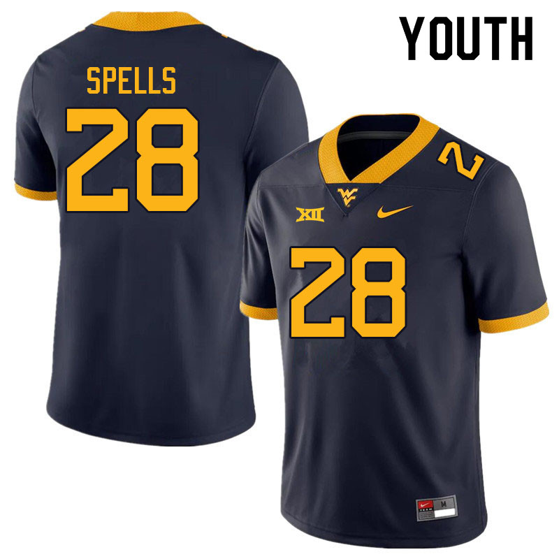 Youth #28 Jacolby Spells West Virginia Mountaineers College Football Jerseys Sale-Navy